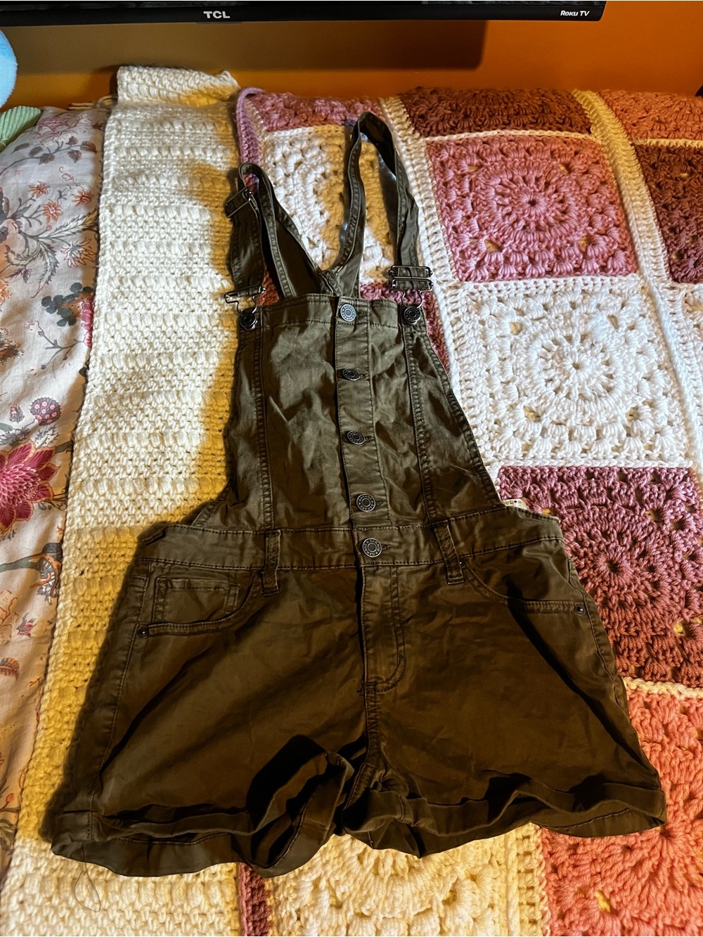 Garage Olive Green Button-Front Overalls